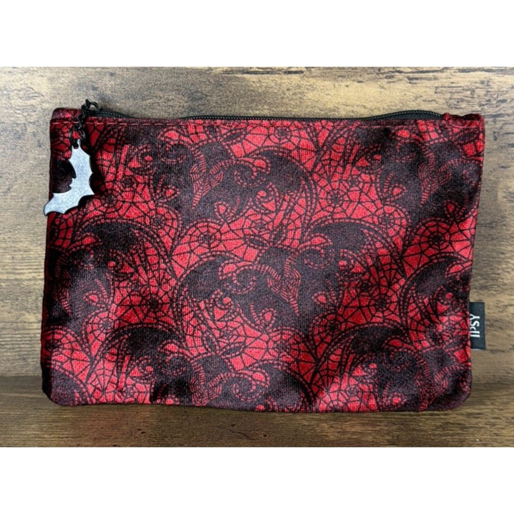 Ipsy Halloween Cosmetic Bag Red & Black Velvet Bats Spiderwebs With Bath Zipper
